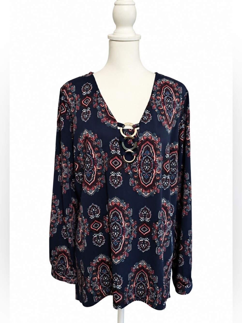 NY Collection Dark Blue and Pink Paisley Blouse